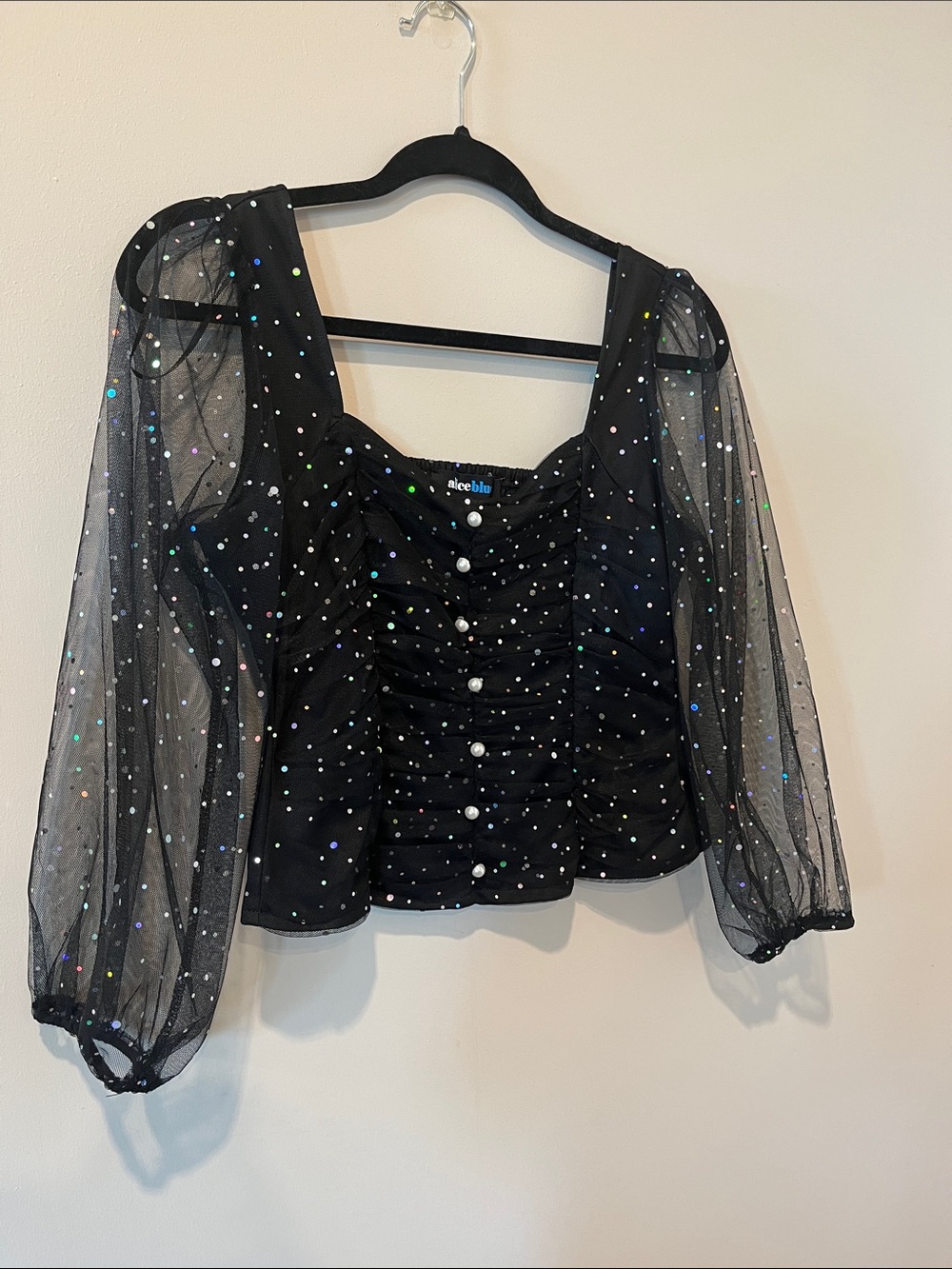 Alice Blue Black Sheer Dot Ruched Puff Sleeve Top